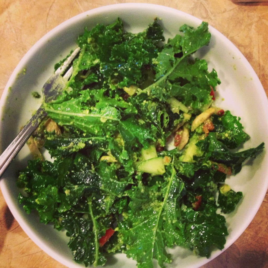 Kale, pesto, cucumber & tomatoes.