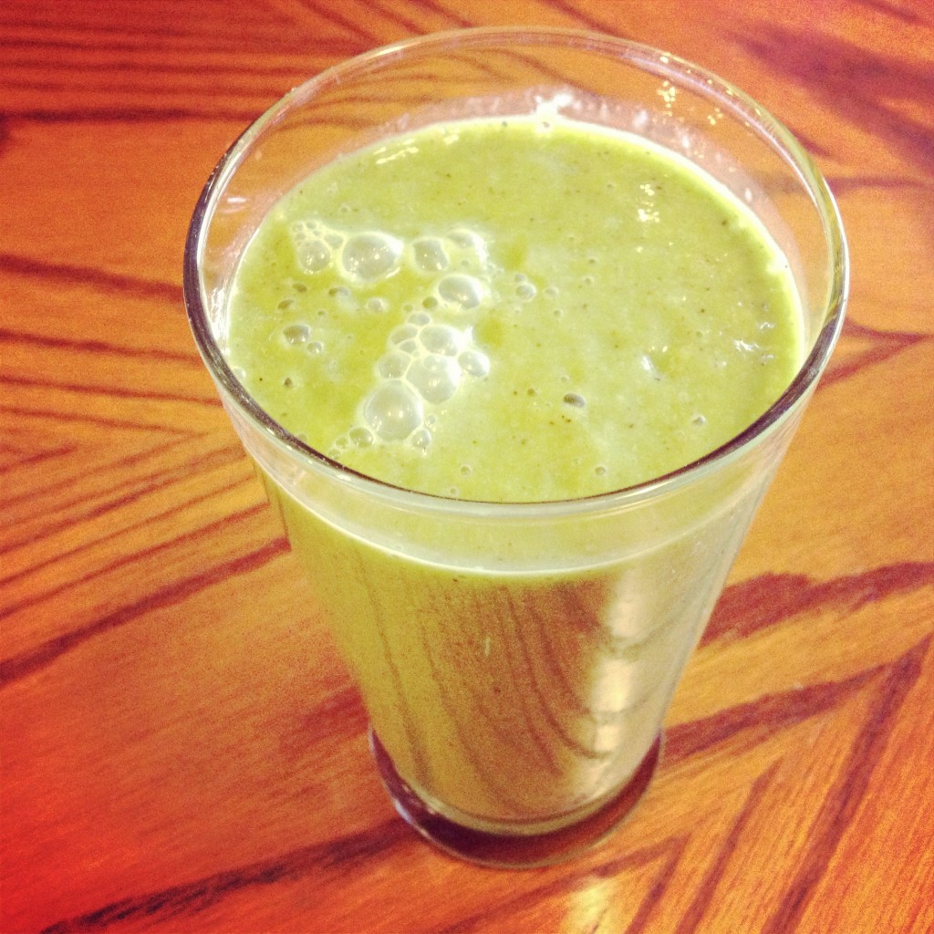 kale, apple, banana, blueberries, peach and avocado.